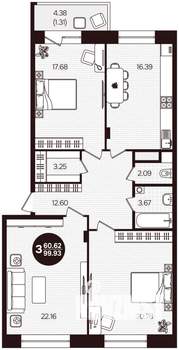 3-к квартира, вторичка, 100м2, 5/16 этаж