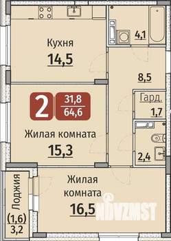 2-к квартира, строящийся дом, 66м2, 6/9 этаж