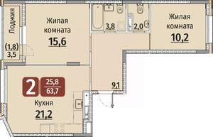 2-к квартира, строящийся дом, 65м2, 5/9 этаж