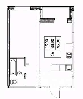 1-к квартира, строящийся дом, 43м2, 21/24 этаж