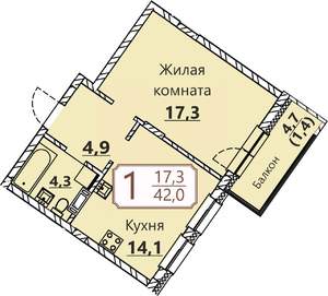 1-к квартира, вторичка, 42м2, 4/8 этаж