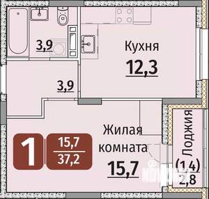 1-к квартира, строящийся дом, 39м2, 6/9 этаж
