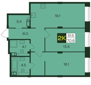 2-к квартира, вторичка, 71м2, 6/8 этаж