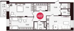 2-к квартира, вторичка, 84м2, 5/16 этаж