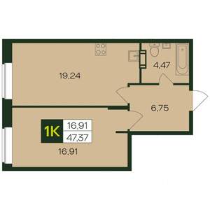 1-к квартира, вторичка, 48м2, 2/12 этаж