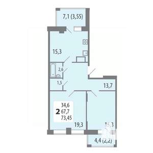 2-к квартира, строящийся дом, 73м2, 12/15 этаж