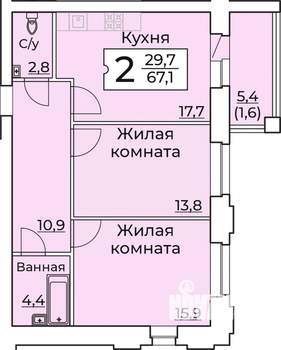 2-к квартира, вторичка, 67м2, 2/9 этаж