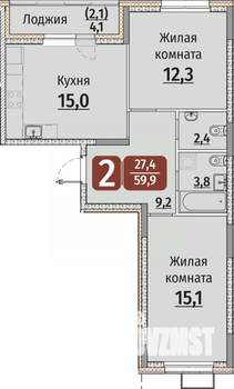2-к квартира, строящийся дом, 62м2, 1/9 этаж