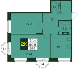 2-к квартира, вторичка, 62м2, 3/12 этаж