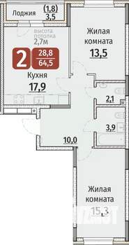 2-к квартира, строящийся дом, 65м2, 1/9 этаж