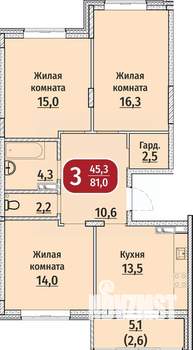 3-к квартира, строящийся дом, 84м2, 2/9 этаж