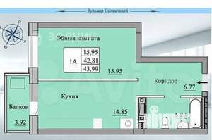 1-к квартира, вторичка, 48м2, 3/16 этаж