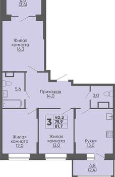3-к квартира, вторичка, 82м2, 9/16 этаж