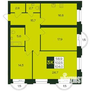 3-к квартира, вторичка, 104м2, 7/9 этаж