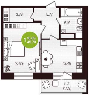 1-к квартира, вторичка, 46м2, 5/16 этаж