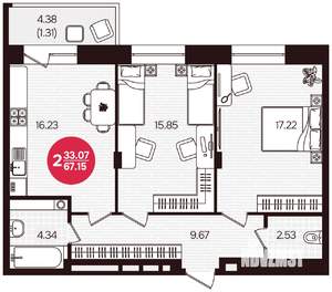 2-к квартира, вторичка, 67м2, 2/16 этаж