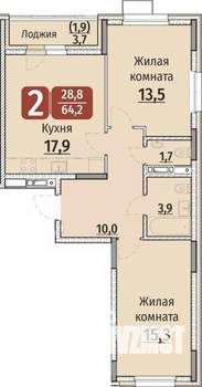 2-к квартира, строящийся дом, 66м2, 6/9 этаж