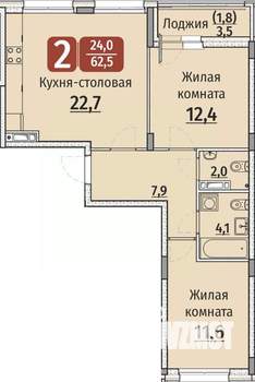 2-к квартира, строящийся дом, 64м2, 4/9 этаж