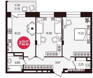 2-к квартира, вторичка, 66м2, 4/16 этаж