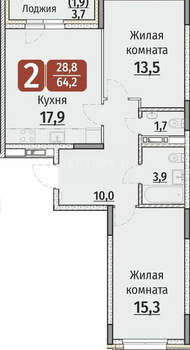 2-к квартира, вторичка, 64м2, 6/17 этаж