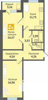 2-к квартира, вторичка, 64м2, 7/16 этаж