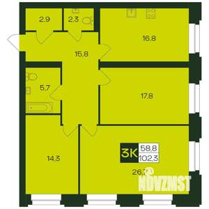 3-к квартира, вторичка, 102м2, 2/9 этаж