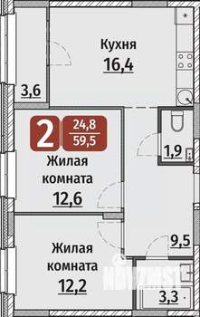 2-к квартира, вторичка, 60м2, 16/17 этаж