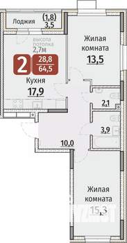 2-к квартира, строящийся дом, 65м2, 1/9 этаж