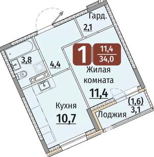 1-к квартира, строящийся дом, 36м2, 2/9 этаж