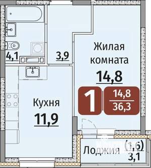 1-к квартира, строящийся дом, 38м2, 5/9 этаж
