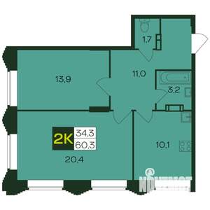 2-к квартира, вторичка, 61м2, 1/12 этаж