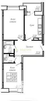 2-к квартира, вторичка, 61м2, 9/12 этаж