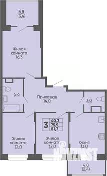 3-к квартира, строящийся дом, 82м2, 4/16 этаж