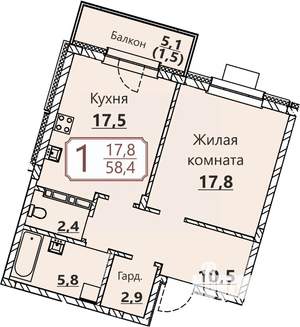 1-к квартира, вторичка, 58м2, 1/8 этаж
