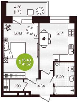 1-к квартира, вторичка, 42м2, 2/16 этаж