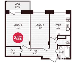 2-к квартира, вторичка, 58м2, 5/16 этаж