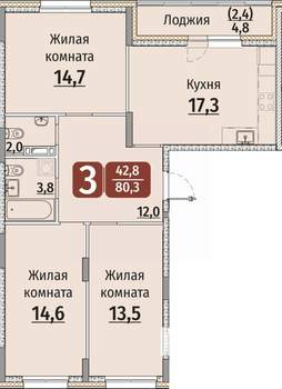 3-к квартира, строящийся дом, 83м2, 5/9 этаж