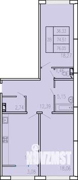 2-к квартира, строящийся дом, 76м2, 1/5 этаж