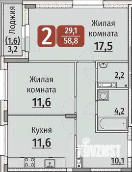 2-к квартира, строящийся дом, 60м2, 6/9 этаж