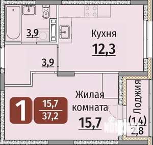 1-к квартира, строящийся дом, 39м2, 4/9 этаж