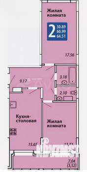 2-к квартира, вторичка, 65м2, 1/9 этаж