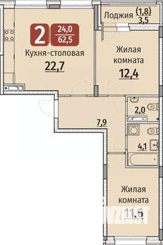 2-к квартира, строящийся дом, 64м2, 6/9 этаж