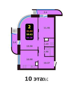 2-к квартира, строящийся дом, 64м2, 11/13 этаж