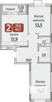 2-к квартира, строящийся дом, 66м2, 7/9 этаж