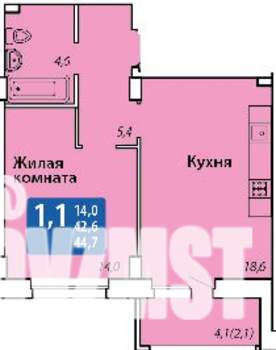 1-к квартира, строящийся дом, 45м2, 2/14 этаж
