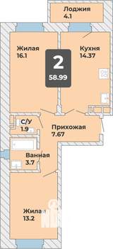 2-к квартира, вторичка, 59м2, 12/14 этаж