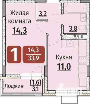 1-к квартира, строящийся дом, 34м2, 2/9 этаж