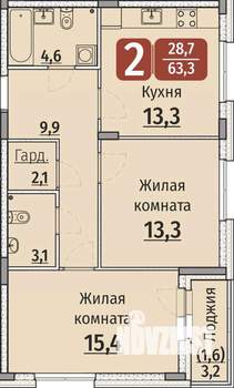 2-к квартира, вторичка, 65м2, 1/9 этаж