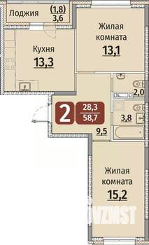 2-к квартира, строящийся дом, 60м2, 4/9 этаж