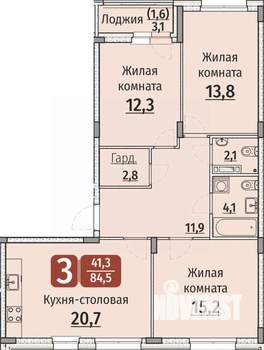 3-к квартира, строящийся дом, 86м2, 6/9 этаж